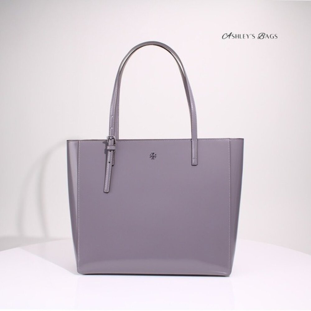 Tory Burch Large Patent Leather Emerson Tote In Grey